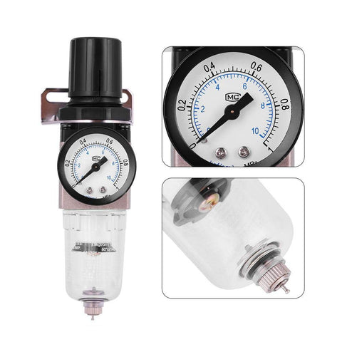 Pro Grade Air Filter Regulator AW2000-02 Aluminum Alloy With Rotary Manual Actuator, clear PC cup, pressure gauge close-up
