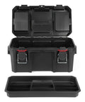 Built Dang Tough 16 Inch Resin Toolbox With Organized Small Parts Tray And Reinforced Padlock Tabs Portable Workshop Equipment For Garage Mechanics And Weekend Projects, open showcasing interior and tray.