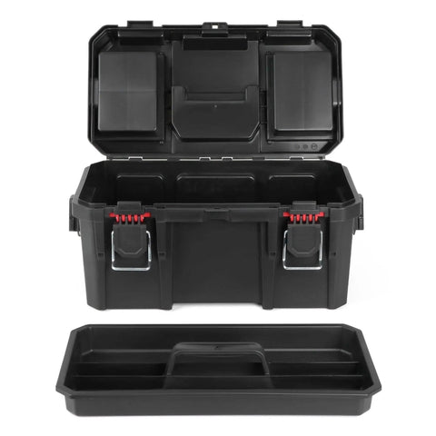 Built Dang Tough 16 Inch Resin Toolbox With Organized Small Parts Tray And Reinforced Padlock Tabs Portable Workshop Equipment For Garage Mechanics And Weekend Projects, open showcasing interior and tray.