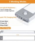 Two Pack Under Cabinet Lights With 60 LED Dimmable Motion Sensor USB Rechargeable Magnetic Mount showing design and modes