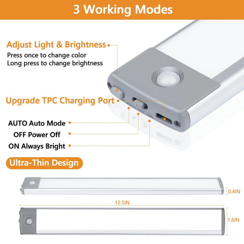 Two Pack Under Cabinet Lights With 60 LED Dimmable Motion Sensor USB Rechargeable Magnetic Mount showing design and modes