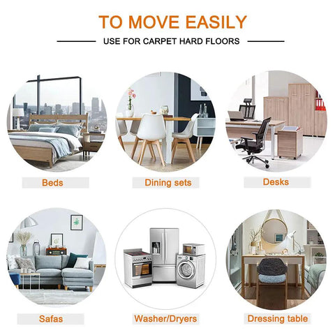 Image of furniture types illustrating use for Self-Stick Furniture Sliders 16 Pack 2.5 Inch For Carpet And Hard Floors.