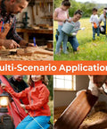 Four images showing a carpenter working with wood, a family gardening, a person setting up a rope, and someone cleaning shavings.