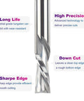 Close-up of SpeTool spiral downdcut router bit, 1/2 in shank, 1/2 in dia, solid carbide wood carving end mill