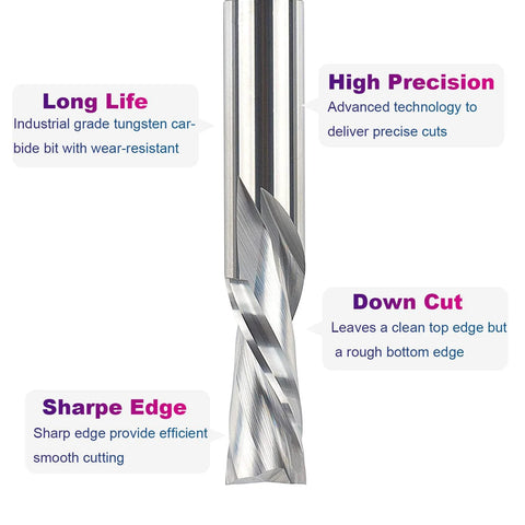 Close-up of SpeTool spiral downdcut router bit, 1/2 in shank, 1/2 in dia, solid carbide wood carving end mill