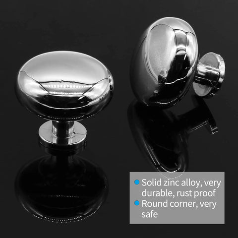Two polished chrome cabinet knobs in solid zinc alloy, reflecting light; 5 Pack Polished Chrome Cabinet Knobs, Round Drawer Handles For Kitchen Cabinets, Doors, Bathroom Vanities, Closets, Dressers, Easy Install Zinc Alloy Set For Doors And Drawers.