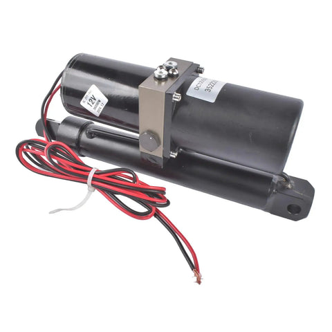 Big Hitter 12V Hydraulic Linear Actuator With 8 Inch Stroke And 1700 Lbs Max Thrust, showcasing black metal casing and wires.