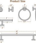 Diagram of Brushed Gold 4 Piece Bathroom Hardware Set For Modern Walls, 26 Inch Total Length With 24 Inch Towel Bar, Wall Mounted SUS304 Stainless Steel, Includes sizes and details.