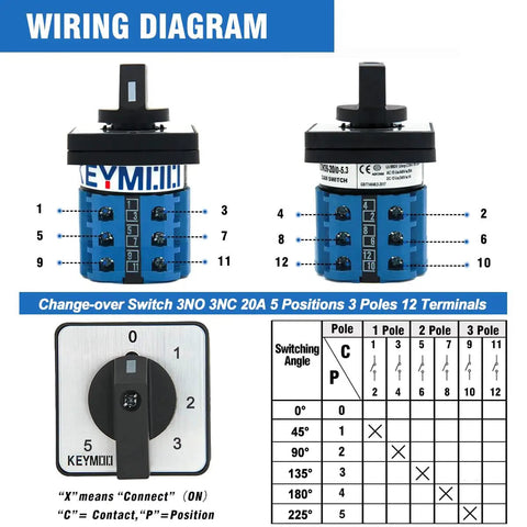 Wiring diagram for Beefy 20A Rotary Changeover Switch 660V 3 Pole 6 Position 12 Terminal Latching Selector with blue fork terminals