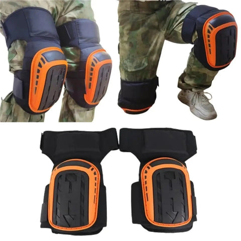 Two Piece Heavy Duty Knee Pads Featuring Thick Gel Cushion And Secure Non Slip Straps Engineered For Flooring Construction And Gardening Delivers Built To Hustle Comfort In Vibrant Orange, displayed with close-up view.