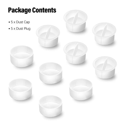 Universal 1.25 Inch Telescope Dust Cap And Plug Kit featuring five white dust caps and five white dust plugs on white background.