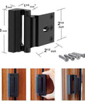 Heavy Duty Door Reinforcement Locks 4 Pack Tough As Nails Built To Last With 16 Screws Childproof Night Lock Stopping External Entry Up To 800 Lbs Black Home Security Upgrade For Toddlers And Nighttime Safety, shown installed and with dimensions and screws