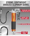Front view of HORUSDY heavy-duty grease gun with orange anodized aluminum barrel, black grip and 18-inch flexible hose