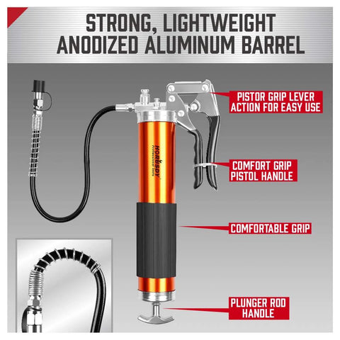 Front view of HORUSDY heavy-duty grease gun with orange anodized aluminum barrel, black grip and 18-inch flexible hose