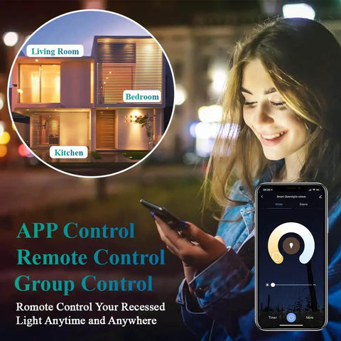 Woman using phone app to control 6 Inch Smart Recessed LED Can Lights with WiFi App and Remote, Tunable White 2700K-6500K