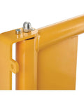 Detail of Straight Up Adjustable Spring Loaded Safety Swing Gate In High Visibility Yellow Steel showcasing hinge and latch feature.