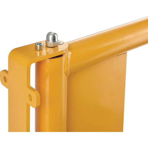 Detail of Straight Up Adjustable Spring Loaded Safety Swing Gate In High Visibility Yellow Steel showcasing hinge and latch feature.
