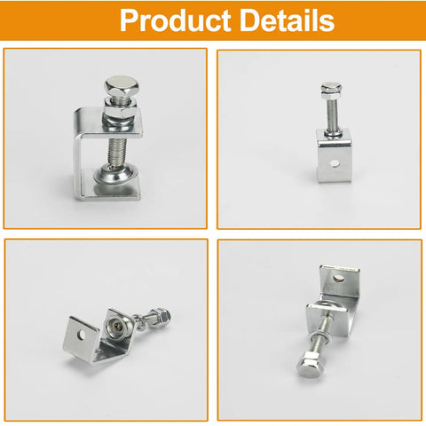 Boss 6 Pack Stainless Steel C Clamp Set With Protective Jaws For Smooth Woodworking And Welding Tasks Legit Heavy Duty Mini Tiger G Clamps That Hold Fast No Sweat 1 3/16 Inch Jaw multiple views of mini clamps showcasing varying angles and components