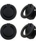 Four Pack Matte Black Recessed Ring Pull Handles For Cabinets And Drawers Round Concealed Door Pull Knobs With 1.38 Inch Hole Centers Zinc Alloy 1.81 Inch Outer Diameter And 6mm Thick Flush Mount. Front and side views of the black concealed knobs in a set.