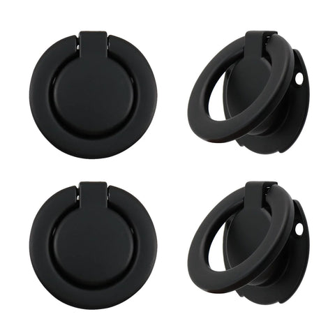 Four Pack Matte Black Recessed Ring Pull Handles For Cabinets And Drawers Round Concealed Door Pull Knobs With 1.38 Inch Hole Centers Zinc Alloy 1.81 Inch Outer Diameter And 6mm Thick Flush Mount. Front and side views of the black concealed knobs in a set.