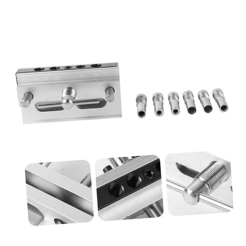 Self Centering Dowel Jig For Woodworking And Furniture Making, Handy Drill Locator with six hardened steel bushings shown