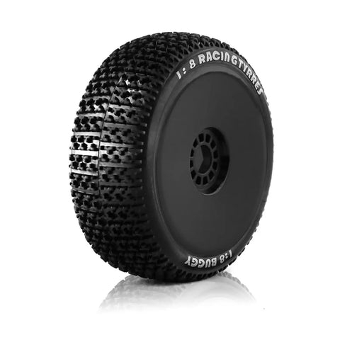 Durable One By Eight Scale RC Buggy Tire Wheel Hex Upgrade Set For Off Road Rigs With Slip Resistant Tread Bulge Resistant De Bead Proof Reusable Hub System Premium Materials For Long Lasting Performance showcasing side view with detailed tread pattern and durable construction