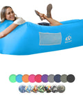 Inflatable Couch Air Lounger Chair For Camping And Beach Trips Portable Blow Up Sofa used by woman, shown in blue