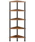 Built Different Five Tier Corner Shelf Stand, Industrial Bookcase with rustic brown wood shelves and black steel frame, compact design.