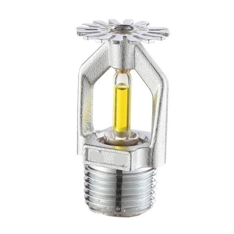 Ace Five Pack Fire Sprinkler Heads With Up And Down Spray Pattern For Hassle Free Ceiling Install DN15 79C Activation Big Time Emergency Readiness Built Different close-up of a single brass fire sprinkler head with glass bulb.