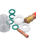 Top Tier 9 Piece TIG Welding Torch Kit With Collet Gas Lens Glass Cup Gasket O Ring For WP 17 18 26 Silly Brass Consumables Steel parts including gas lens, O rings, and fittings.