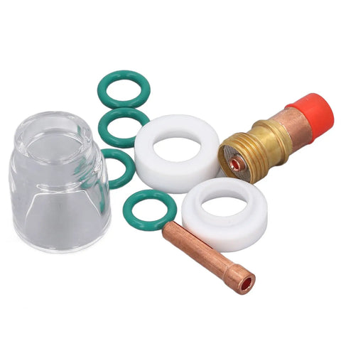 Top Tier 9 Piece TIG Welding Torch Kit With Collet Gas Lens Glass Cup Gasket O Ring For WP 17 18 26 Silly Brass Consumables Steel parts including gas lens, O rings, and fittings.