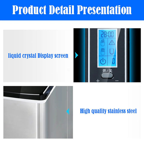 Slick Countertop Ice Cube Maker, Portable Electric Unit With Foolproof Touch Controls, showing liquid crystal display and stainless steel design.
