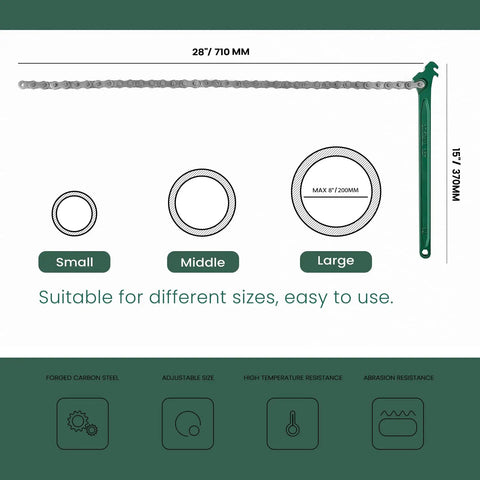 Diagram of Beefy 15 Inch Heavy Duty Chain Wrench for Semi Trucks, Adjustable Ratcheting Oil Filter Spanner showing sizes and features.