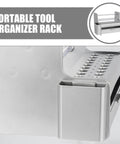Hella Sturdy Desktop Tool Organizer Rack With Smooth Glide Drawer and Open Niches features a durable silver metal design with tool slots.