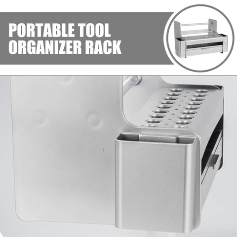 Hella Sturdy Desktop Tool Organizer Rack With Smooth Glide Drawer and Open Niches features a durable silver metal design with tool slots.
