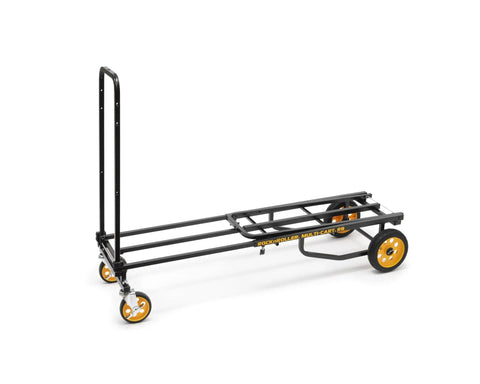 Rock-N-Roller R8rt Mid-Size 8-In-1 Folding Hand Truck Dolly with black steel frame and orange wheels, extended position.