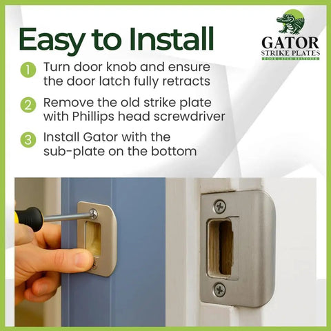 Installation guide for Door Strike Plate With Screws Satin Nickel 2 1/4 by 1 3/4 Universal Latch Restorer Alloy Steel Lock Hardware.