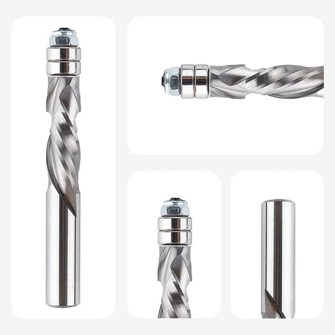 Spiral Flush Trim Router Bit With 1/2 Inch Shank And 1-1/2 Inch Cutting Length 4 Inch Overall For DIY Woodworking And CNC Trimming Solid Carbide UP-Down Compression Bit That Stays Sharp, showing multiple angles and details.