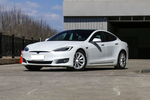 Top Tier Chrome Left Driver Side Mirror Lower Cover For Tesla Model S 2014 To 2021 on a white Tesla Model S.