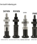 Heavy Duty Spring Return Plunger Knob Ball Nose Index Detent M12, fine tooth indexing pins in stainless and carbon steel.