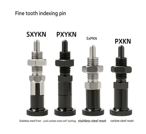 Heavy Duty Spring Return Plunger Knob Ball Nose Index Detent M12, fine tooth indexing pins in stainless and carbon steel.