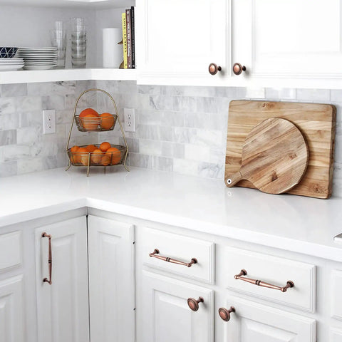 Kitchen with Six Pack Antique Copper Drawer Knobs Set Zinc Alloy Cabinet Hardware Vintage Style Pulls visible on cabinets.