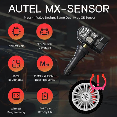 2in1 MX Sensor Dual Frequency Tire Pressure Sensor 315MHz 433MHz For TPMS Replacement With Original ID Cloning Easy Direct Swap No Relearn Snap In Works With MaxiTPMS Tools, press-in valve
