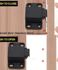 Self Closing Push To Open Door Latch Cabinet Hardware 2 Pack Push Latches And Locks For Hidden Doors And Drawers No Knobs Or Handles Tip On Closet Close Touch Locking Strong Pop Out Black shown on wood panel