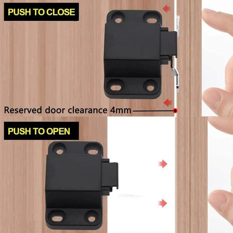 Self Closing Push To Open Door Latch Cabinet Hardware 2 Pack Push Latches And Locks For Hidden Doors And Drawers No Knobs Or Handles Tip On Closet Close Touch Locking Strong Pop Out Black shown on wood panel