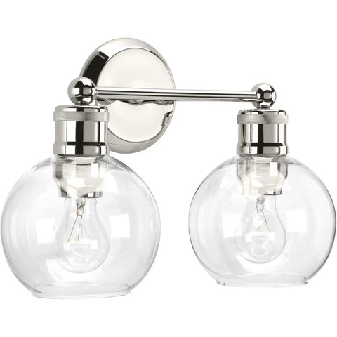 Coastal Vibe 2 Light Bath Vanity Light With Clear Glass Globes In Polished Nickel Finish Urban Industrial Style For Bathroom Remodels