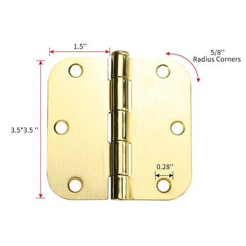 18 Pack Gold Door Hinges For Interior Doors, Satin Brass Finish, 3.5 Inch Hinges With 5/8 Inch Radius Corners, product dimensions view