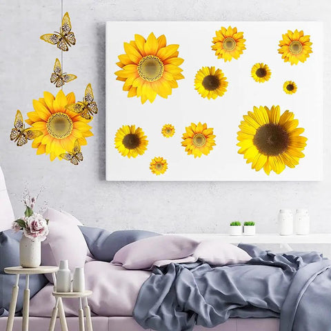 Sunflower Wall Stickers And 3D Gold Butterfly Decals Bundle Peel And Stick Waterproof Wall Art for living room decor above couch