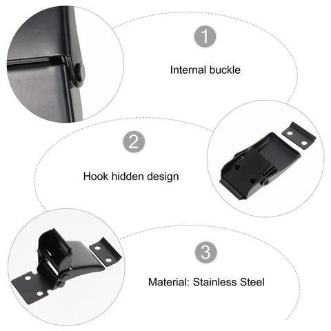 Heavy Duty Black Stainless Steel Concealed Toggle Latches For Toolbox And Suitcase With Weather Resistant Protection And Sturdy Metal Draw Buckle Closure That Holds Tight During Rough Use, showing internal buckle and hidden hook design.