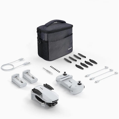 Lightweight Foldable GPS Drone With 4K EIS Camera Under 249g 62 Minute Flight Time and accessories including spare blades and charger.